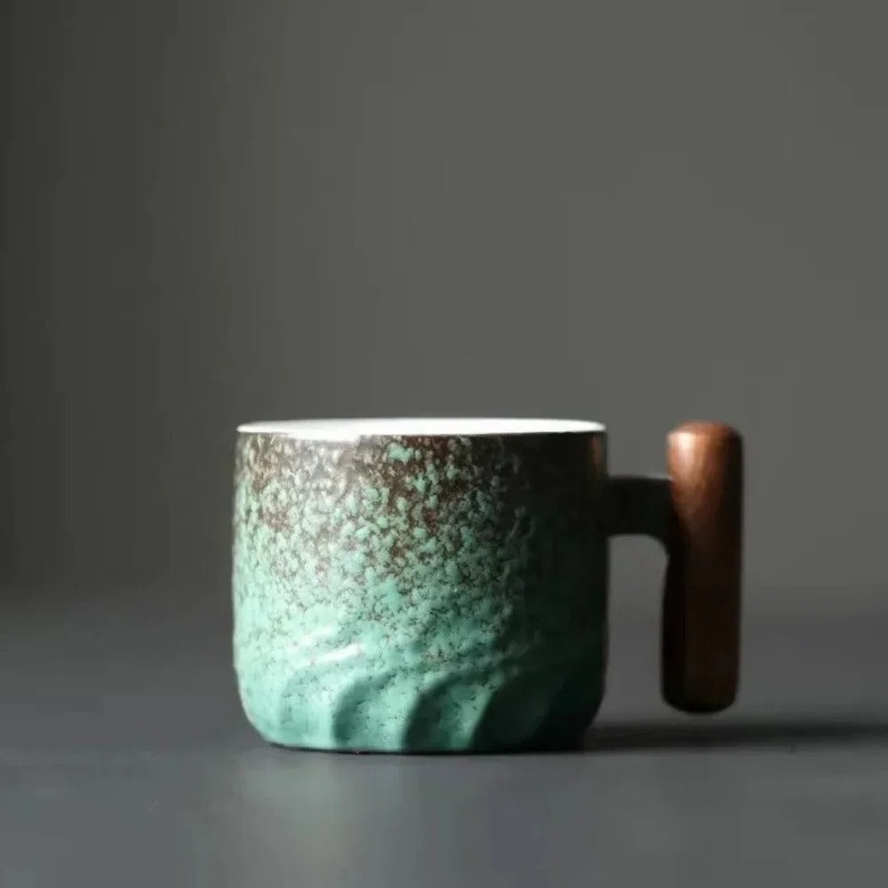 Vintage Style Ceramic Espresso Cups with Natural Wooden Handle in 3 Colors