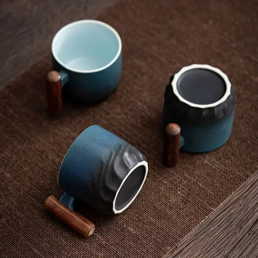 Vintage Style Ceramic Espresso Cups with Natural Wooden Handle in 3 Colors