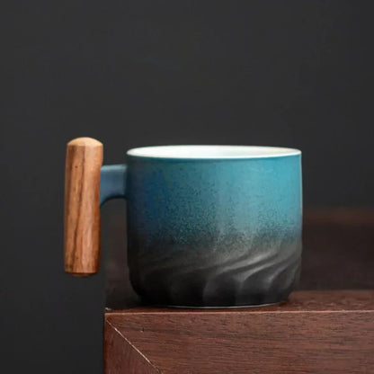 Vintage Style Ceramic Espresso Cups with Natural Wooden Handle in 3 Colors