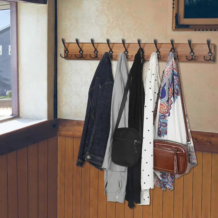Wooden Wall-Mounted Coat Rack with 10 Hooks