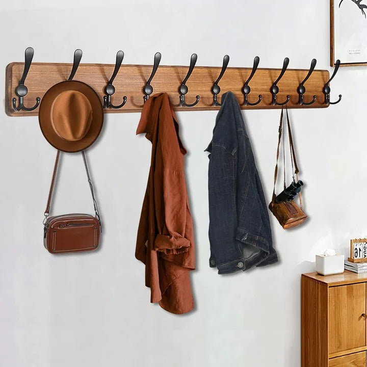 Wooden Wall-Mounted Coat Rack with 10 Hooks
