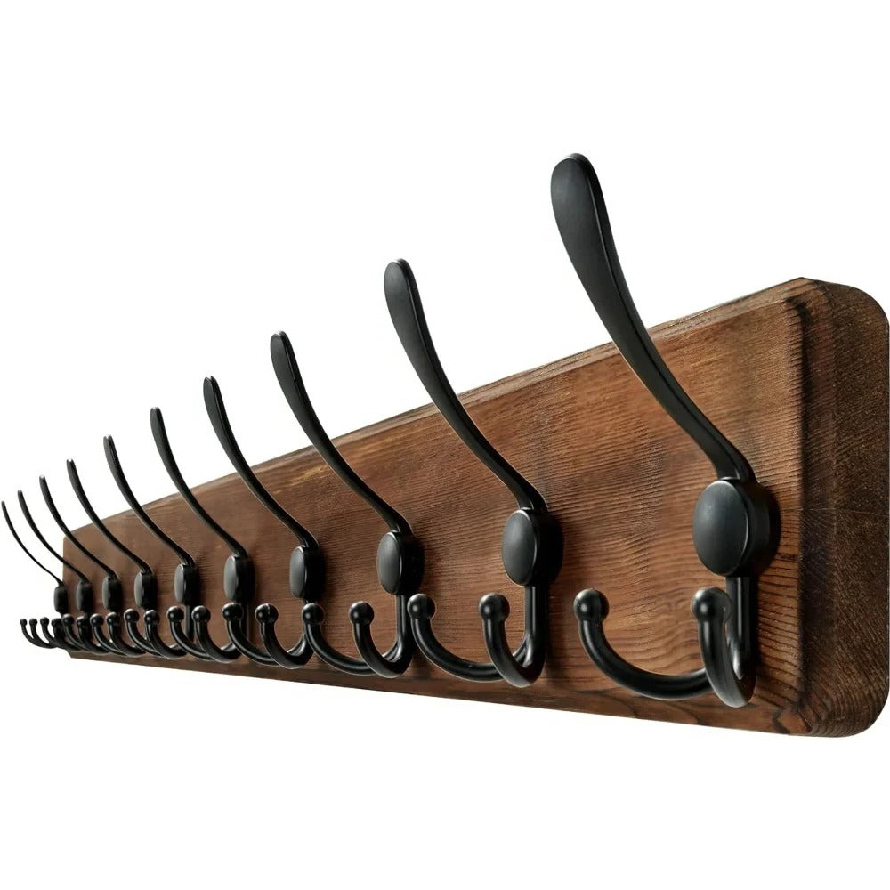 Wooden Wall-Mounted Coat Rack with 10 Hooks