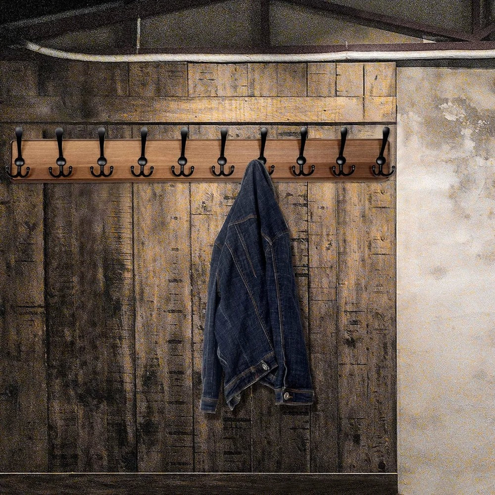 Wooden Wall-Mounted Coat Rack with 10 Hooks