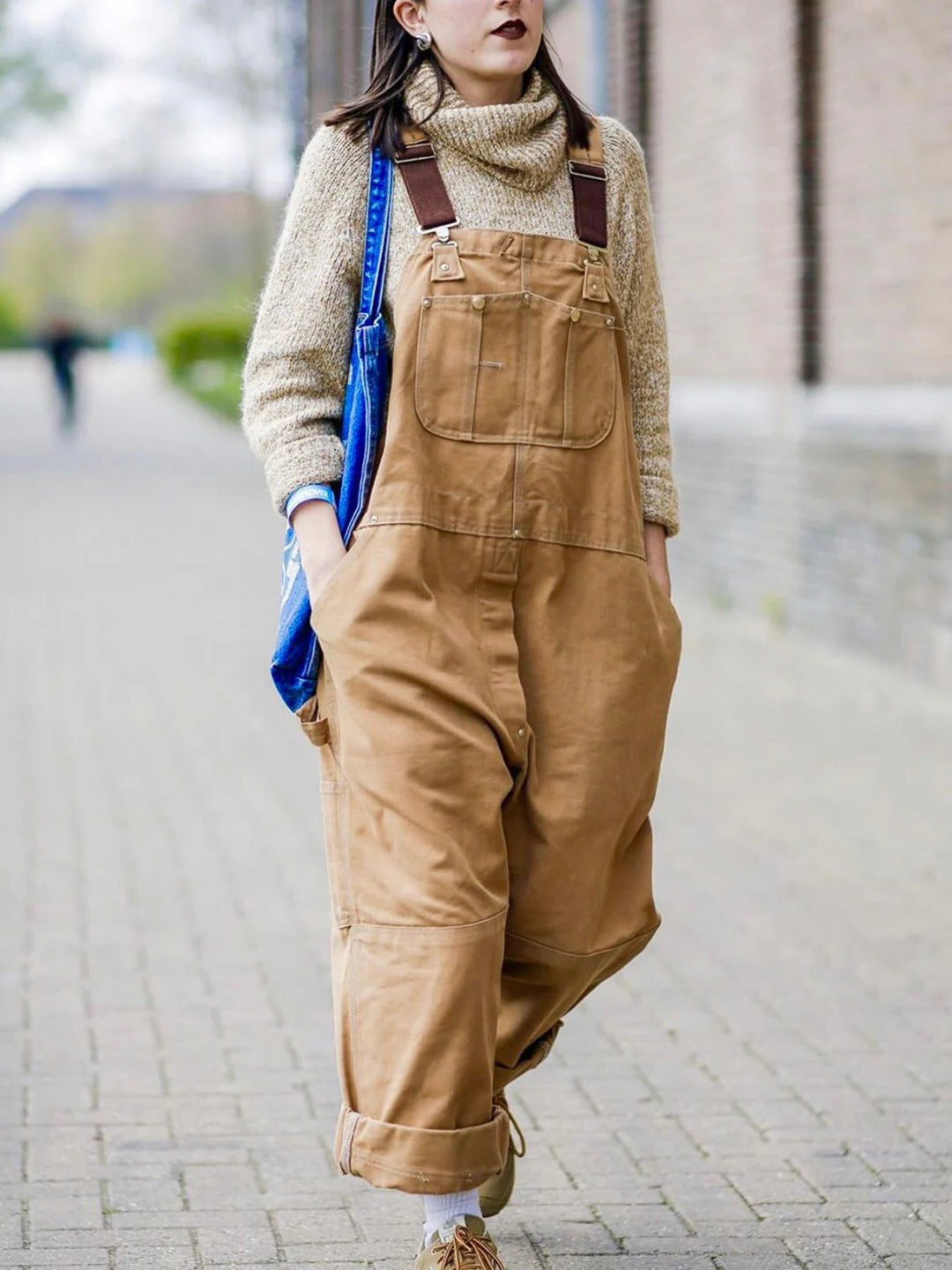 Relaxed Wide Leg Utility Bib Overalls for Women with Adjustable Straps and Patch Pockets for Work and Gardening