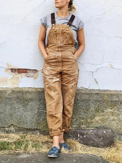 Relaxed Wide Leg Utility Bib Overalls for Women with Adjustable Straps and Patch Pockets for Work and Gardening