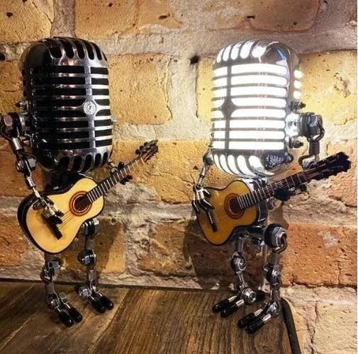 Industrial Style Robot Lamp with Guitar and Vintage Microphone Design