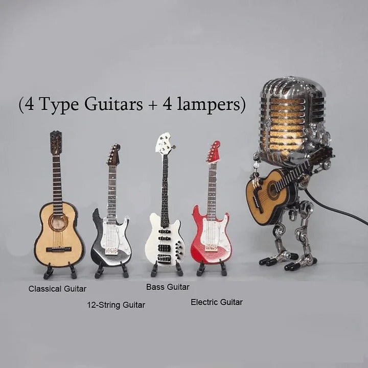 Industrial Style Robot Lamp with Guitar and Vintage Microphone Design
