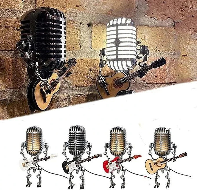 Industrial Style Robot Lamp with Guitar and Vintage Microphone Design