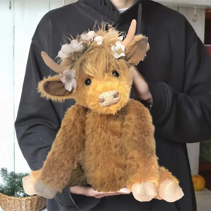 Handcrafted Highland Cow Plush with Floral Headpiece