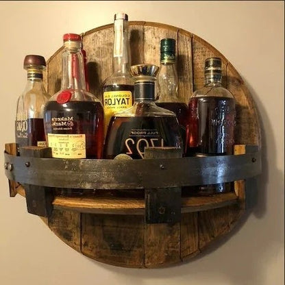 Rustic Whiskey Barrel Shelf – Bourbon Bottle Wall Display Rack