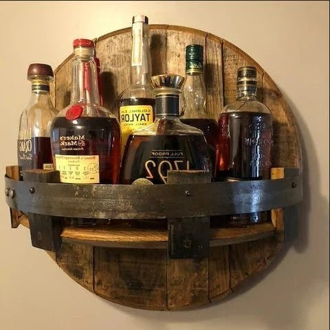 Rustic Whiskey Barrel Shelf – Bourbon Bottle Wall Display Rack