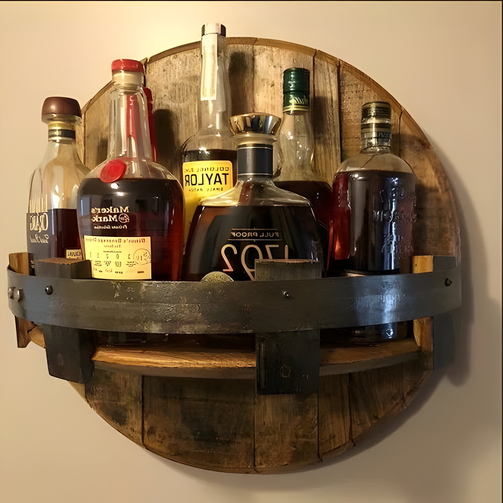 Rustic Whiskey Barrel Shelf – Bourbon Bottle Wall Display Rack – Feanatic