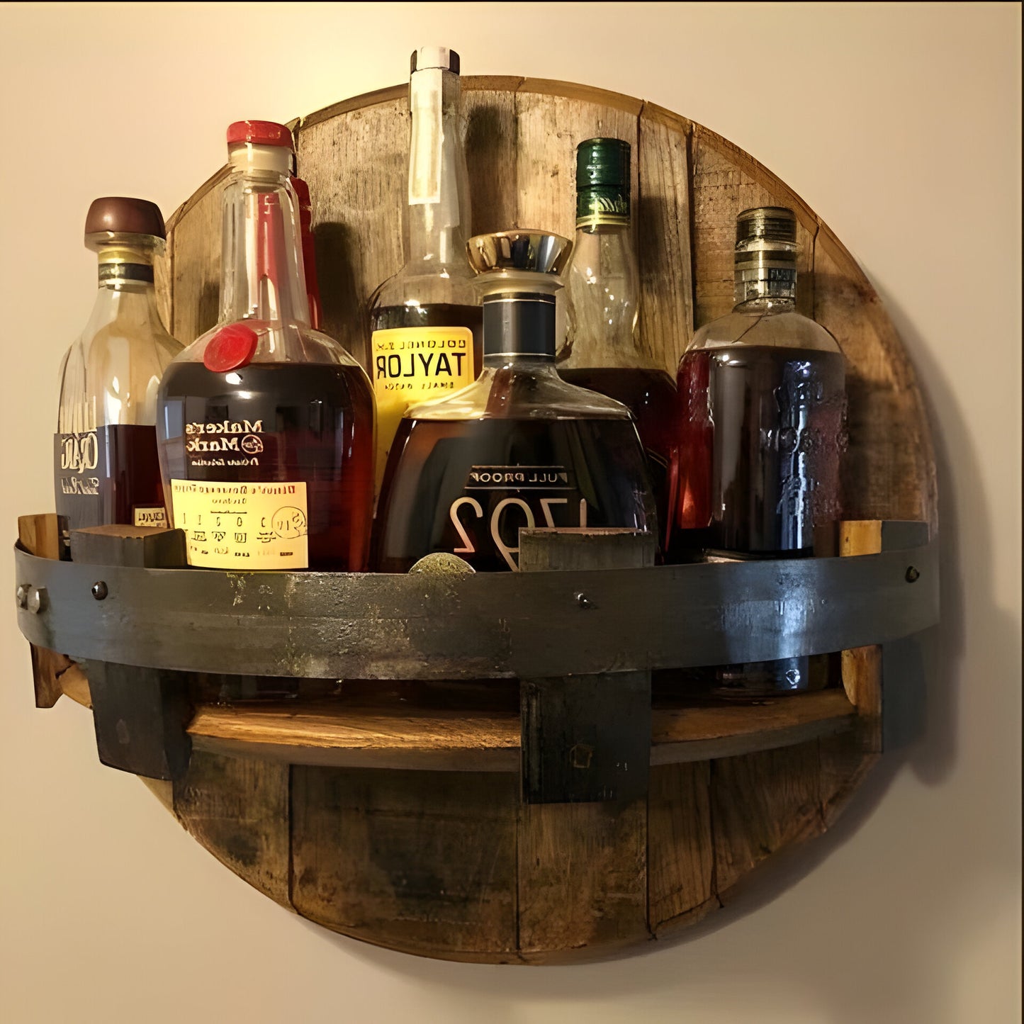Rustic Whiskey Barrel Shelf – Bourbon Bottle Wall Display Rack