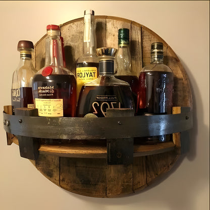 Rustic Whiskey Barrel Shelf – Bourbon Bottle Wall Display Rack