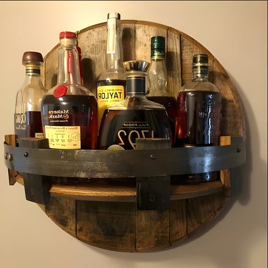 Rustic Whiskey Barrel Shelf – Bourbon Bottle Wall Display Rack