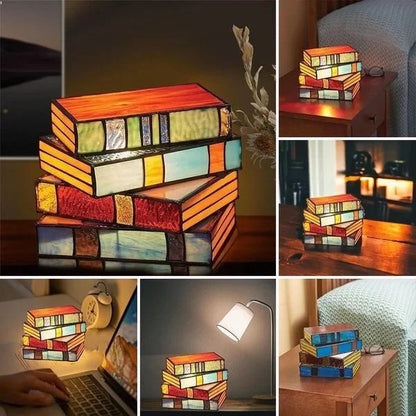 Unique Stained Glass Stacked Book Lamp Vintage Home Accent
