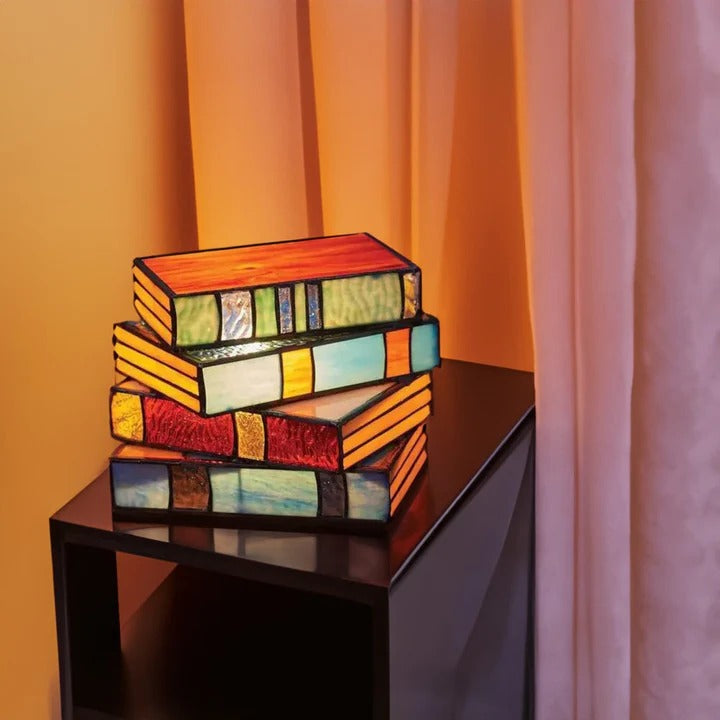 Unique Stained Glass Stacked Book Lamp Vintage Home Accent