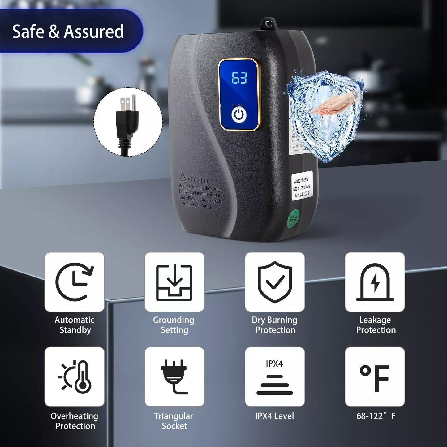 Electric Tankless Water Heater with LED Display and Safety Sensors