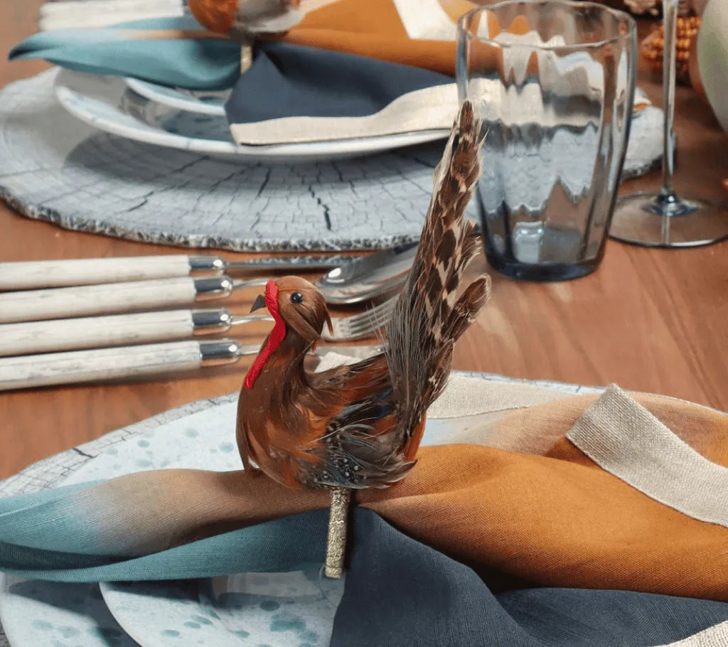 Turkey-Shaped Napkin Rings with Natural Feathers and Harvest Colors, Set of 4