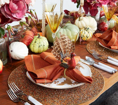 Turkey-Shaped Napkin Rings with Natural Feathers and Harvest Colors, Set of 4