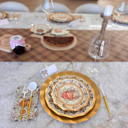 Disposable Paper Plates with Turkey and Pumpkin Design for Thanksgiving Dining