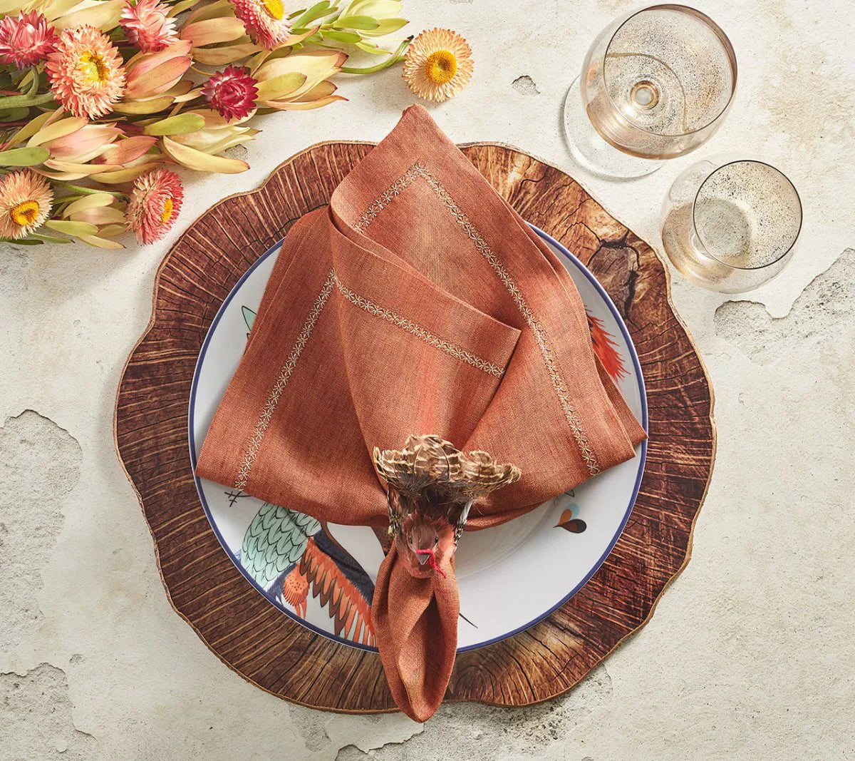 Turkey-Shaped Napkin Rings with Natural Feathers and Harvest Colors, Set of 4