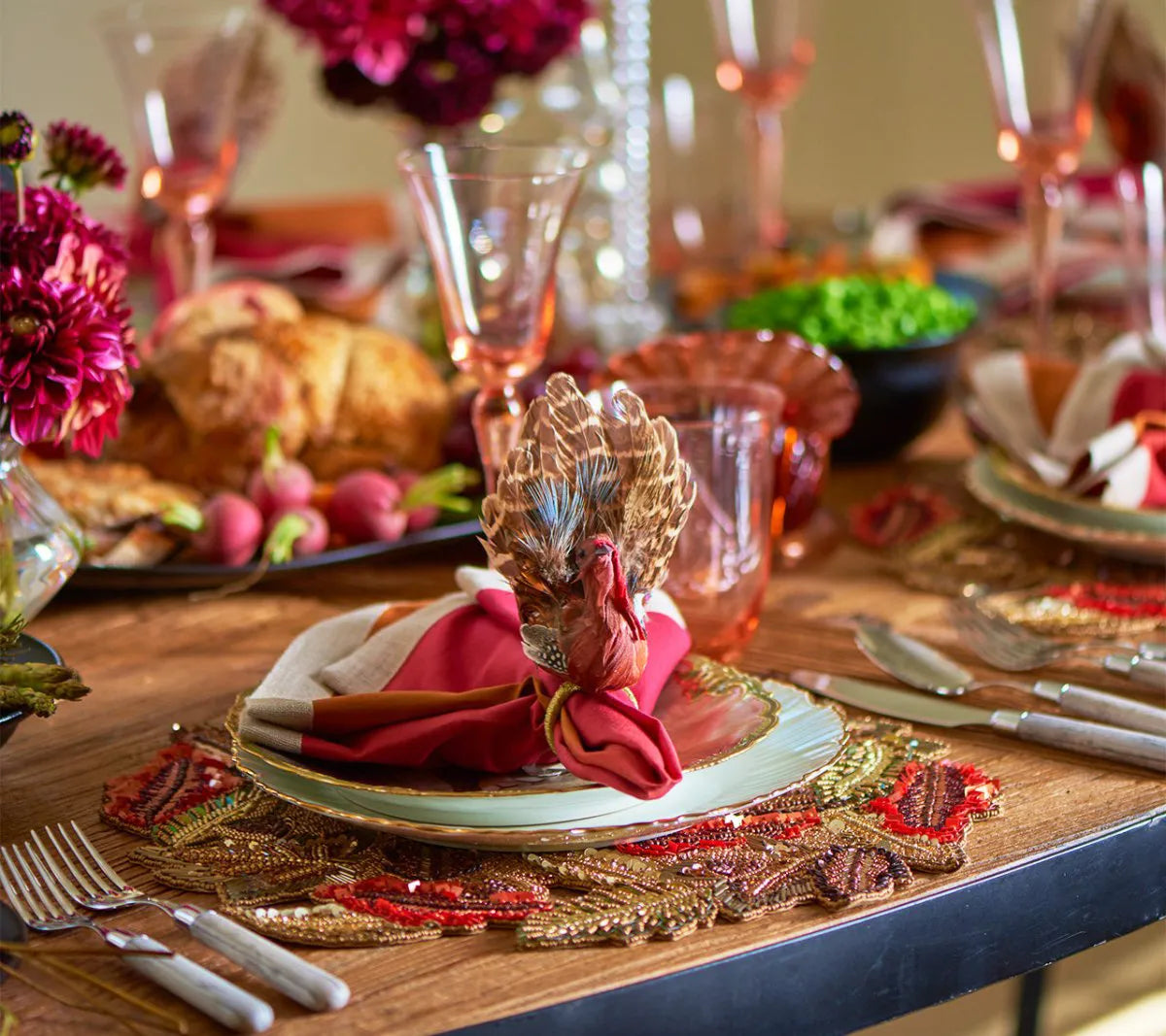 Turkey-Shaped Napkin Rings with Natural Feathers and Harvest Colors, Set of 4