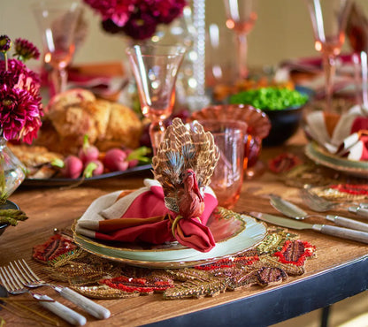 Turkey-Shaped Napkin Rings with Natural Feathers and Harvest Colors, Set of 4