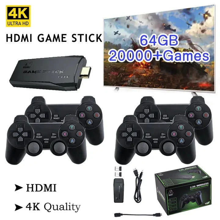 Retro Game Stick Console, 64GB 4K HDMI Output with 2 Wireless Controllers