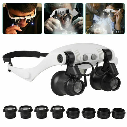 Adjustable Headband Magnifier with 8 Lenses and LED Light