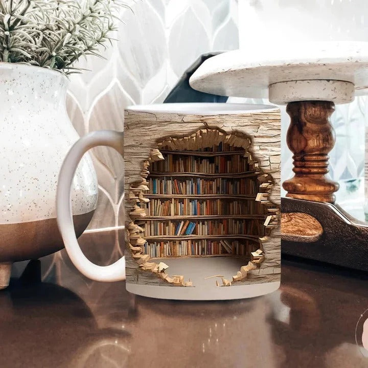 3D Bookshelf Ceramic Mug, Literary-Themed Coffee Cup