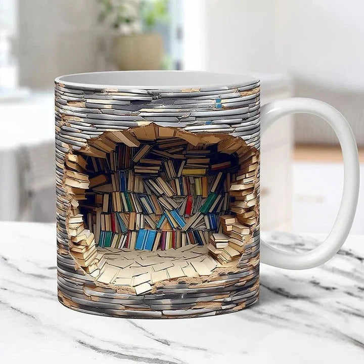 3D Bookshelf Ceramic Mug, Literary-Themed Coffee Cup