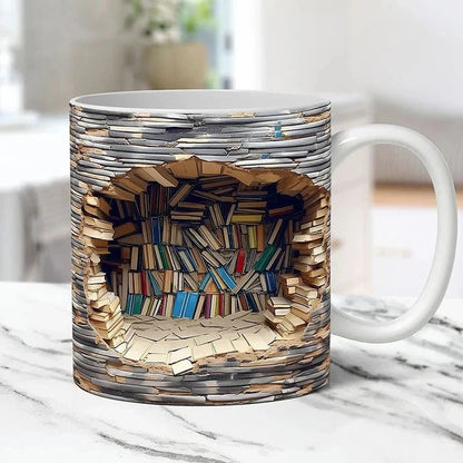 3D Bookshelf Ceramic Mug, Literary-Themed Coffee Cup