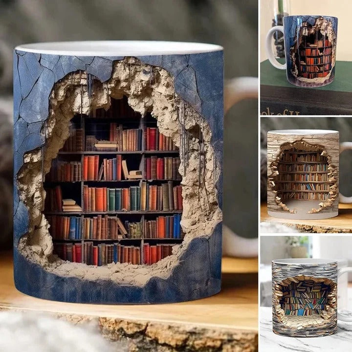 3D Bookshelf Ceramic Mug, Literary-Themed Coffee Cup