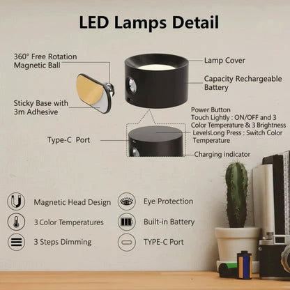 Rotating Wall Lamp, Cordless LED for Home