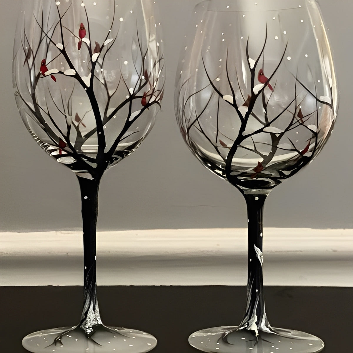 Art Wine Glasses Hand Painted Four Seasons of Tree Design