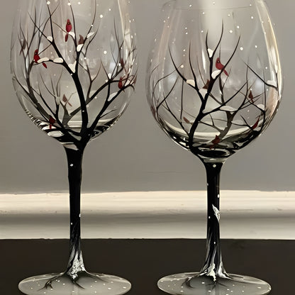 Art Wine Glasses Hand Painted Four Seasons of Tree Design