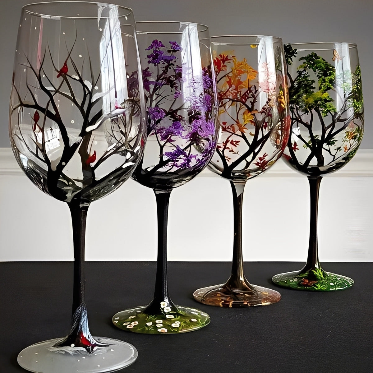 Art Wine Glasses Hand Painted Four Seasons of Tree Design