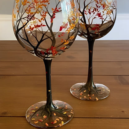 Art Wine Glasses Hand Painted Four Seasons of Tree Design