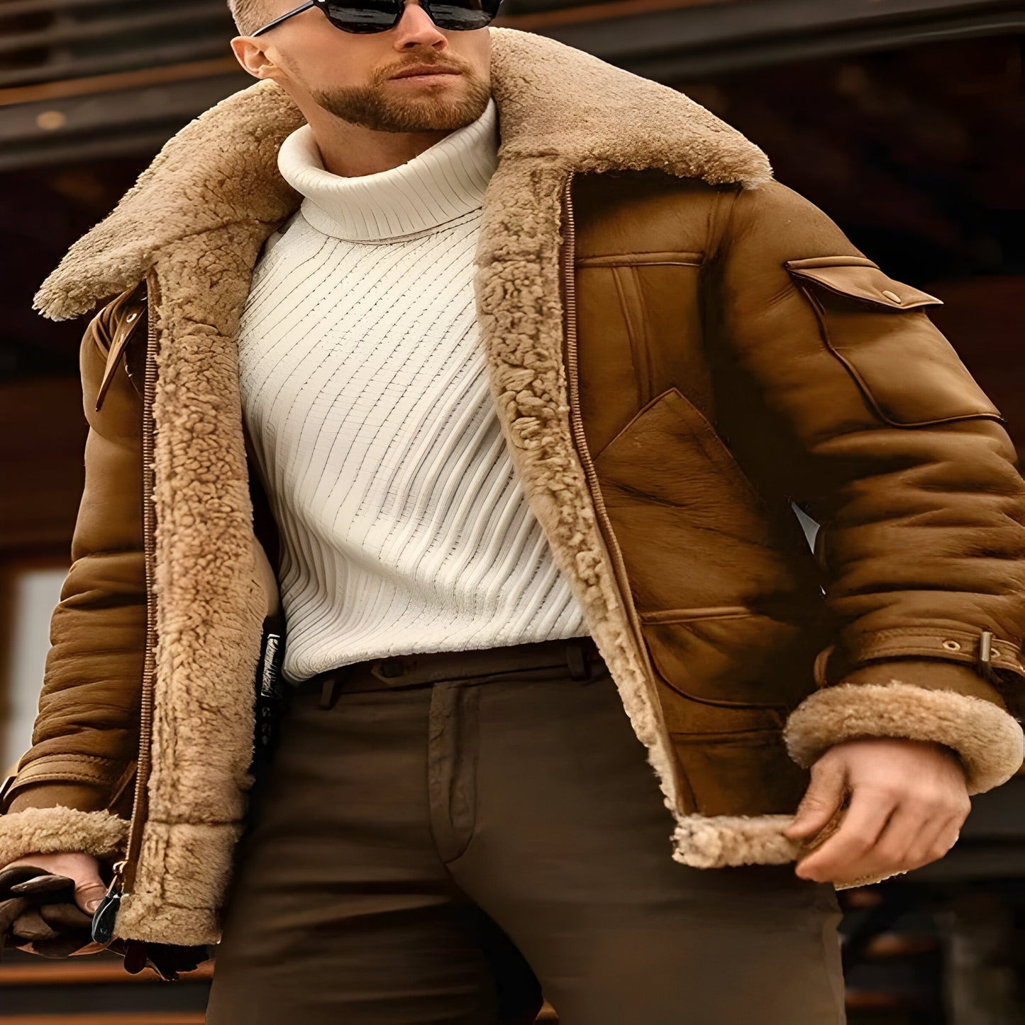 Camel Style Leather Flying Jacket for Men and Casual Wear