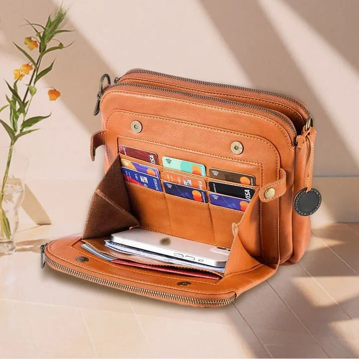 Crossbody Leather Shoulder Bag Three Layer Design and Clutch