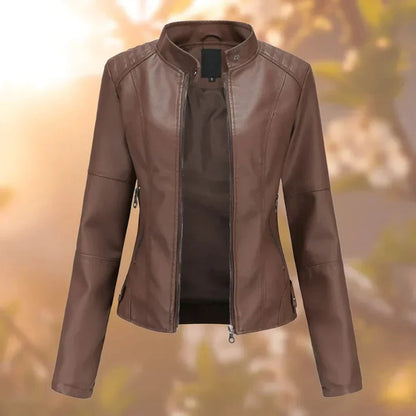 Leather Jacket for Women with Zipper and Pockets