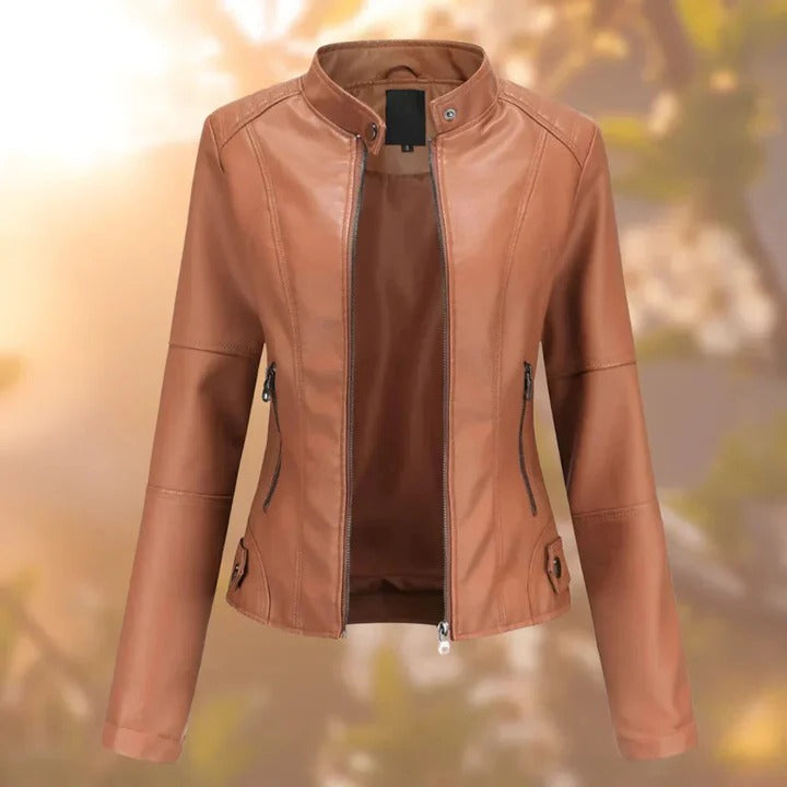 Leather Jacket for Women with Zipper and Pockets