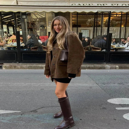 Women's Brown Suede Jacket with Zipper and Pockets