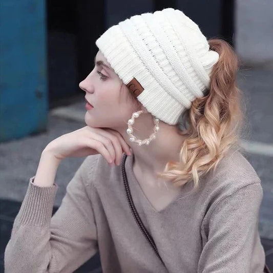 Ponytail Hat Cap Ribbed Knit Solid Color for Women