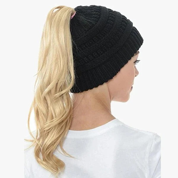Ponytail Hat Cap Ribbed Knit Solid Color for Women