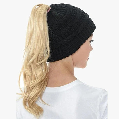 Ponytail Hat Cap Ribbed Knit Solid Color for Women