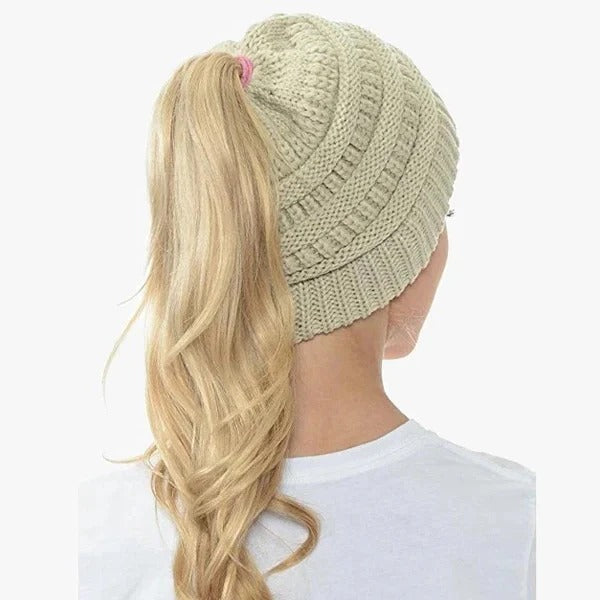 Ponytail Hat Cap Ribbed Knit Solid Color for Women
