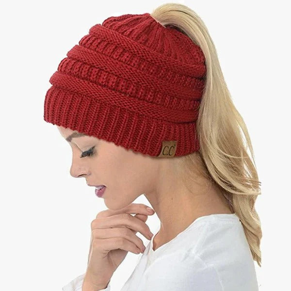 Ponytail Hat Cap Ribbed Knit Solid Color for Women