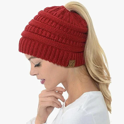 Ponytail Hat Cap Ribbed Knit Solid Color for Women